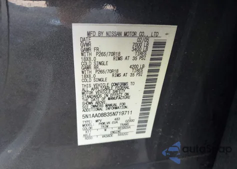 2005 Nissan Armada Se/Le из США, поврежденный, VIN 5N1AA08B35N719711